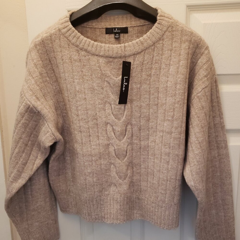 Lulus Toasty Stroll Heather Taupe Cable Knit Crew Neck Sweater - Size XS